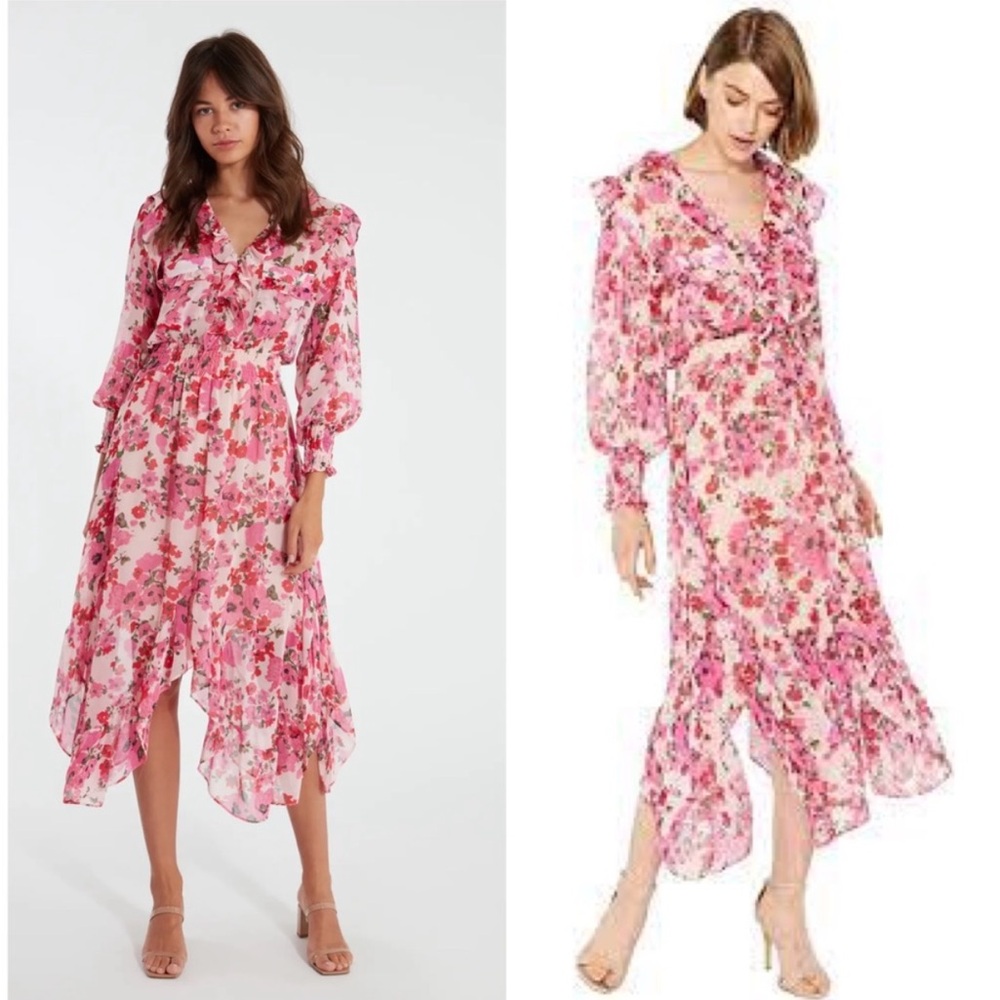MISA Los Angeles Pink Floral Samantha Ruffle Midi Dress Medium